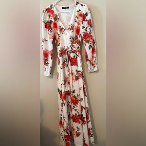 Sugarlips White Maxi Dress with Red & Coral Floral Print